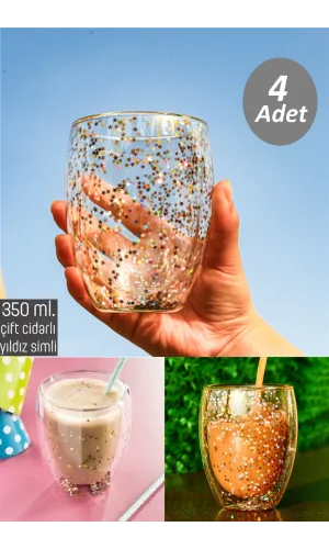 4'lü Yıldız Simli Çift Cidarlı Bardak Kahve Sunum Kokteyl Bardağı Isıya Dayanıklı Borosilikat 350ml