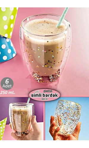 6'lı Çift Cidarlı Bardak Yıldız Simli Kahve Sunum Kokteyl Bardağı Isıya Dayanıklı