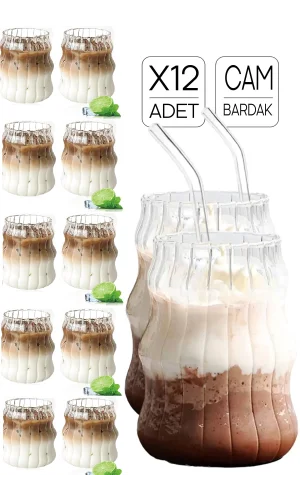 12'li Sukabağı Latte Pipetli Cam Bardak İskandinav Burgu Kahve Kokteyl 3 Katlı Sunum Bardağı 400ml