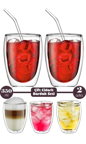 2li Çift Cidarlı Cam Bardak 350 ml Pipetli Çay Kahve Sunum Bardağı Isıya Dayanıklı Kupa Bardak Seti