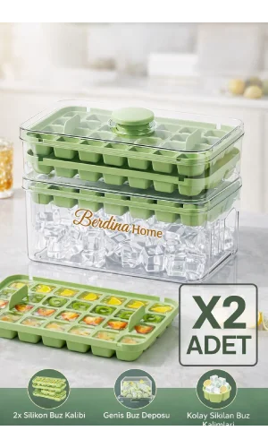 2'li Yeni Nesil Basmalı Çift Buz Kalıbı Buzluk – Kapaklı Saklama Kutulu 56 Bölmeli Hazneli Buz Küpü