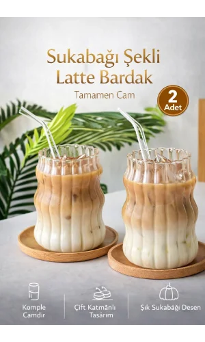 2li Pipetli Sukabağı Şekli Latte Bardak Seti Iskandinav Tarz Cam Bardak Kahve Kokteyl Sunum Bardağı