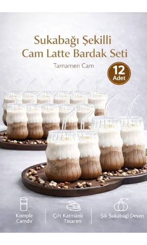 12'li Sukabağı Latte Pipetli Cam Bardak İskandinav Burgu Kahve Kokteyl 3 Katlı Sunum Bardağı 400ml