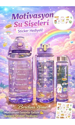 3'lü Yeni Şeffaf Motivasyon Kokusuz Stickerlı Spor Suluk Matara Pipetli Taşınabilir Su Şişesi Renkli