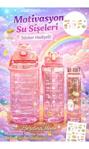 3'lü Yeni Şeffaf Motivasyon Kokusuz Stickerlı Spor Suluk Matara Pipetli Taşınabilir Su Şişesi Renkli