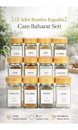 12’li Bambu Kapaklı Etiketli Cam Kare Formlu Baharatlık Takımı Serpme Başlıklı Baharatlık Set