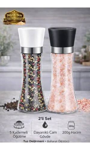 2 Adet Karabiber Tuzluk Değirmeni Seramik Bıçaklı Baharat Öğütücü Büyük Boy Set