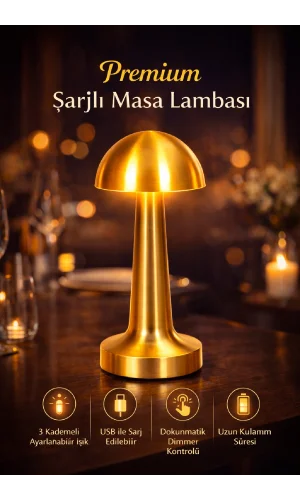 3 Işık Renkli Şarjlı Dim Edilebilir Masa Lambası Gold Kasa Masaüstü Dekoratif Mantar Lamba