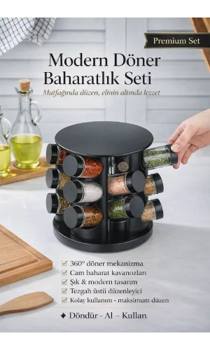 12’li Stantlı Döner Sihay Kapaklı Etiketli Cam Oval Baharatlık Takımı Serpme Başlıklı Baharatlık