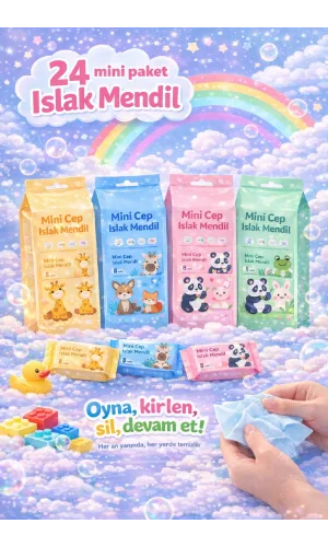 24 Adet Sevimli Figürlü Mini Islak Cep Mendili Panda Zebra Fil Zürafa Renkli Tasarım Cep Mendili