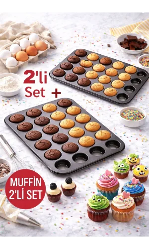 24 Bölmeli Muffin Kek Kalıbı 2 Li Set Yanmaz Yapışmaz Çörek Tart Kek Sufle Cupcake Tepsi Kalıbı