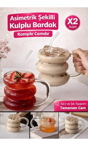 2li Üç Büklüm Dev Şeritli Kulplu Cam Bardak Pipetli Meşrubat Kahve Sunum Kokteyl Bardağı 400ml Seti