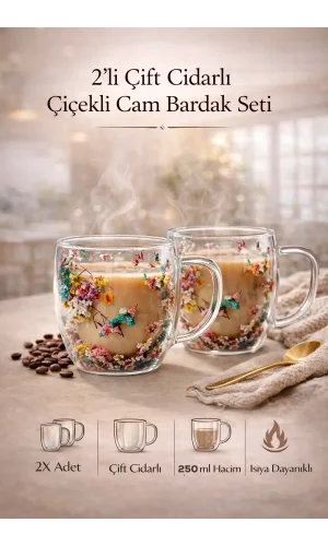 2'li Çift Cidarlı Çiçekli Bardak 250ml Kahve Çay Bardağı El Yapımı Kulplu Borosilikat Cam Bardağı