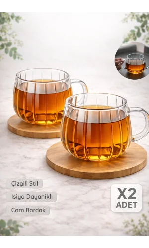 2'li Çizgili Still Cam Bardak 250 ml Isıya Dayanıklı Kahve Sunum Bardağı Kupa Kulplu Çay Fincanı