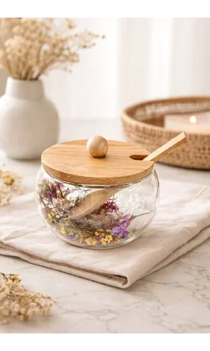 Kuru Çiçekli Çift Cidarlı Cam Kase Bambu Kapaklı ve Kaşıklı Dekoratif Saklama Kabı