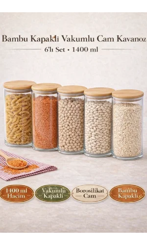 6'lı Bakliyat Saklama Kabı Bambu Kapaklı Cam Kavanoz Vakumlu Baharatlık Mutfak Organizer Seti