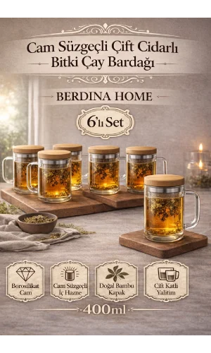 6lı Borosilikat Cam Süzgeçli Bambu Kapaklı Kupa Kulplu Demlik Modeli Çift Kat Bitki Çay Bardağı 400 ml.