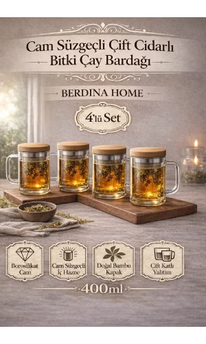 4lü Borosilikat Cam Süzgeçli Bambu Kapaklı Kupa Kulplu Demlik Modeli Çift Kat Bitki Çay Bardağı 400 ml.