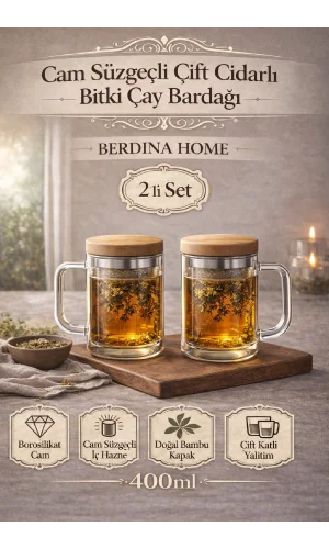 2li Borosilikat Cam Süzgeçli Bambu Kapaklı Kupa Kulplu Demlik Modeli Çift Kat Bitki Çay Bardağı 400 ml.