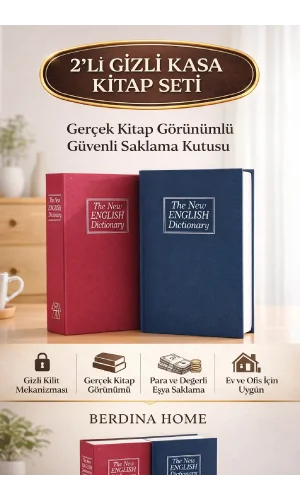 2li Büyük Boy Kitap Şeklinde Anahtarlı Gizli Kasa Para Altın Saklama Hırsız Kilitli Dekoratif Kumbara