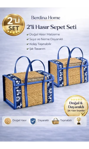 2’li Hasır Sepet Doğal El Yapımı Kapaklı Taşınabilir Dayanıklı Şık Organizer Çanta Seti Ev