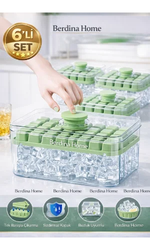 6lı Basmalı Çift Buz Kalıbı Buzluk Kapaklı Saklama Kutulu 56 Bölmeli Hazneli Buz Küpü Buzluk