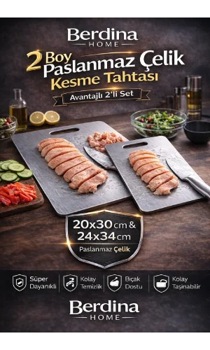 2li Paslanmaz Çelik Kesme Panosu 20x30cm 24x34cm Suya Dayanıklı Tezgah Koruyucu Çelik Kesim Tahtası