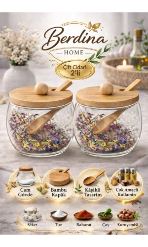 2'li Çift Cidarlı Cam Baharatlık Kase Seti Bambu Kapaklı Kaşıklı Çok Amaçlı Şık Tasarım Modern Stil
