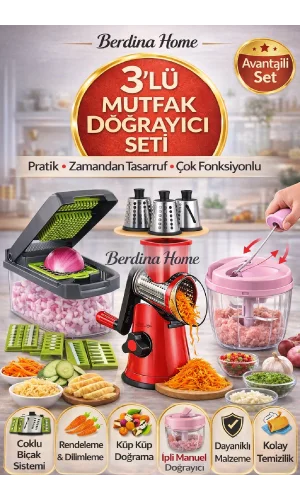 3’lü Mutfak Doğrayıcı Seti Çok Fonksiyonlu Rende Küp Kesme İpli Manuel Rondo Pratik Kullanım