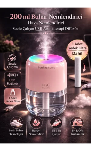 200 Ml Buhar Nemlendirici USB Hava Nemlendirici Işıklı Sessiz Çalışma Yedek Filtre Dahil Difüzör