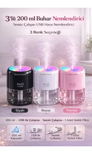 3lü 200 ml Buhar Nemlendirici USB Hava Nemlendirici Sessiz RGB Işıklı Difüzör Yedek Filtre