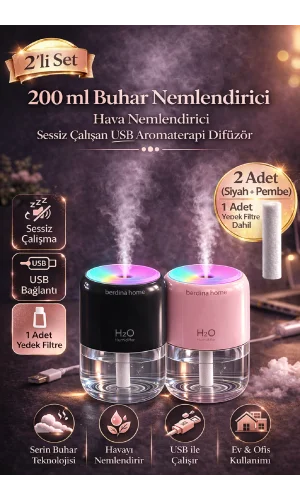 2'li Set 200 ml Buhar Nemlendirici USB Aromaterapi Difüzör Sessiz Çalışan Hava Nemlendirici Beyaz Pembe