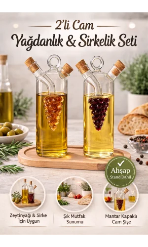 2'li Bambu Standlı Çift Katmanlı Borosilikat Cam Yağlık Sirkelik Üzüm Figürlü Damlatmaz 350 ml