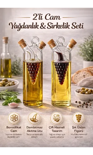 2'li Çift Katmanlı Borosilikat Cam Yağlık Sirkelik Üzüm Figürlü Damlatmaz 350 ml Şişe Dekoratif Set