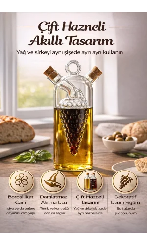 Çift Katmanlı Borosilikat Cam Yağlık Sirkelik Üzüm Figürlü Damlatmaz 350 ml Şişe Dekoratif Set