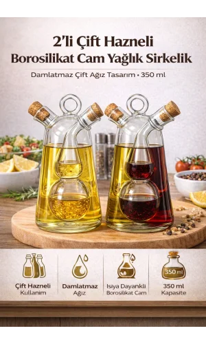 2'li Çift Katmanlı Borosilikat Cam Yağlık Sirkelik Figürlü Damlatmaz Şişe 350 ml Bambu Standlı