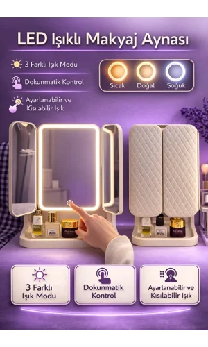 3 Katlı LED Işıklı Kapaklı Makyaj Aynası Çoklu Büyüteçli Dokunmatik USB Şarjlı Kullanışlı