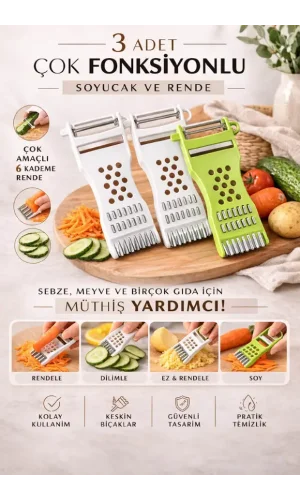 3 ADET 6 Fonksiyonlu Soyacak Rende Jülyen Dilimleyici Sebze Meyve Kesici Mutfak Aparatı