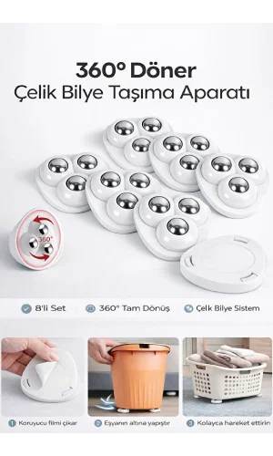 8 Adet 360 Derece Döner Çelik Bilye Tekerlekli Eşya Yük Taşıma Yapışkanlı Eşya Kaydırma Aparatı Set