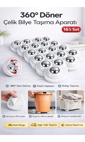 16 Adet 360 Derece Döner Çelik Bilye Tekerlekli Eşya Yük Taşıma Yapışkanlı Eşya Kaydırma Aparatı Set