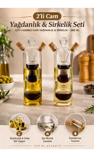 2'li Çift Hazneli Cam Yağdanlık & Sirkelik Seti Damlatmaz Tasarım 360 ML Şık Mutfak Sunum