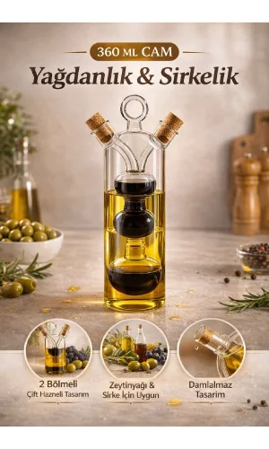Çift Hazneli Cam Yağdanlık & Sirkelik Seti Damlatmaz Tasarım 360 ML Şık Mutfak Sunum