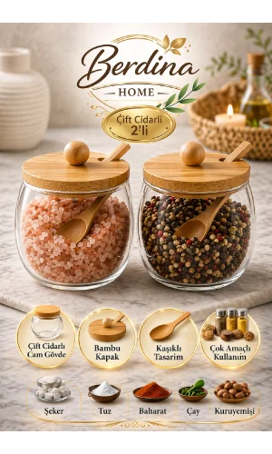 2'li Çift Cidarlı Cam Kase Bambu Kapaklı Kaşıklı Şeker Tuz Baharat Saklama Kabı Seti