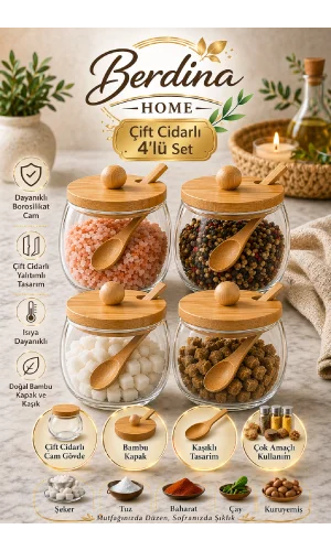 4'lü Çift Cidarlı Cam Kase Bambu Kapaklı Kaşıklı Şeker Tuz Baharat Saklama Kabı Seti