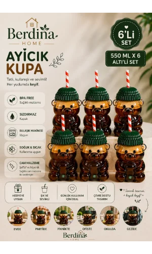6lı Barista Ayıcık Tasarım Cam Pipetli Soğuk İçecek Kahve Bardağı Yeşil Şapkalı Bear Bardak 550ml