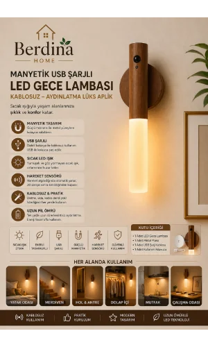Manyetik USB Şarjlı LED Gece Lambası Kablosuz Sensörlü Ahşap Tasarım Modern Işık Aydınlatma