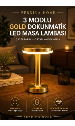 3 Modlu Gold Dokunmatik LED Masa Lambası USB Şarjlı Ortam Aydınlatma Şık Gece Işığı