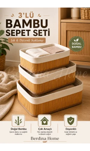 3'lü Bambu Sepet Seti Katlanabilir Çok Amaçlı Düzenleyici Saklama Kutusu Dayanıklı Şık
