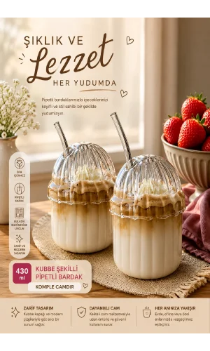 2'li Kübbe Kapaklı Pipetli Bardak Isıya Dayanıklı EggGlass İskandinav Kahve Sunum Bardağı 430ml