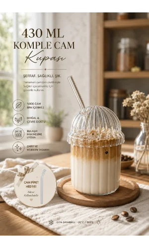 Kübbe Kapaklı Pipetli Bardak Isıya Dayanıklı EggGlass İskandinav Kahve Sunum Bardağı 430ml